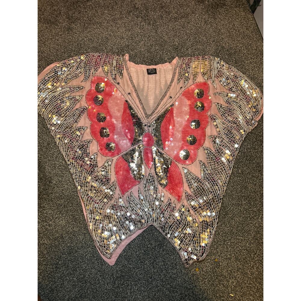 Vintage Pink Silk Sequin Butterfly Top Medium 100% silk pink
